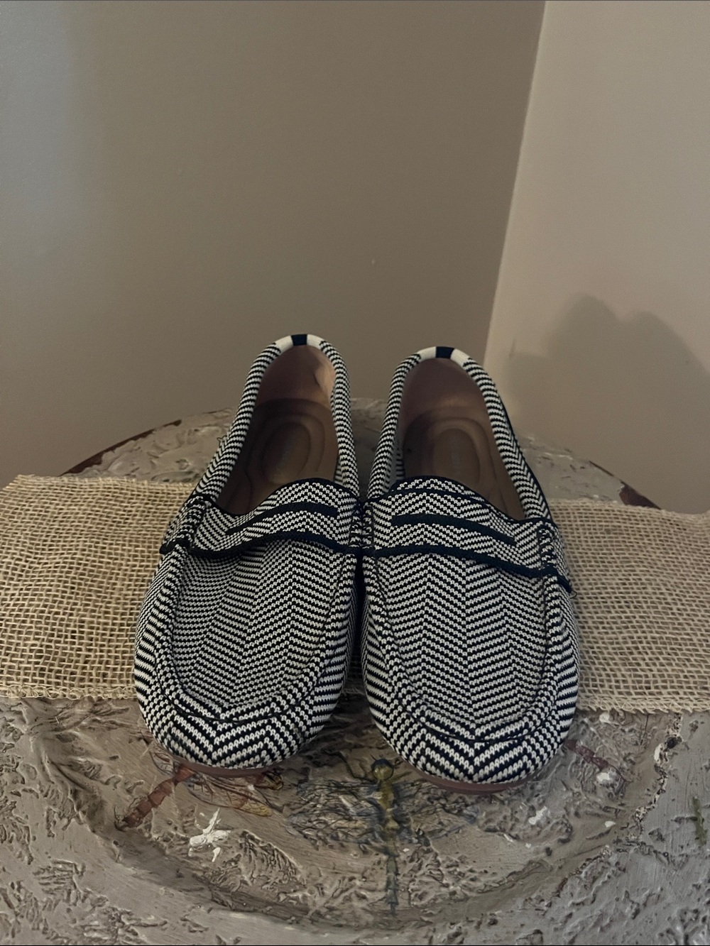 Black & White Herringbone Slip-On Loafers for Women